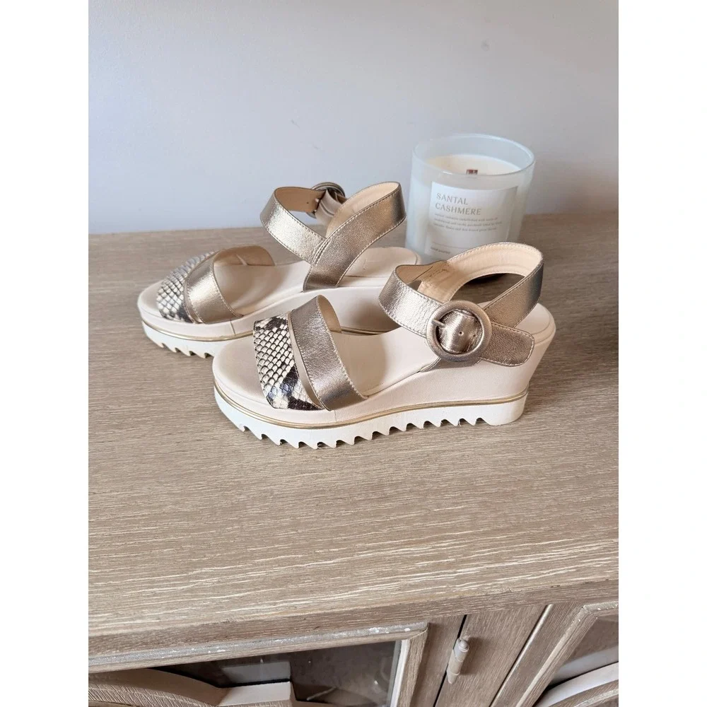 Luca Grossi Platform Sandals Womens Gold Size 37 Italian Leather Wedge Buckle